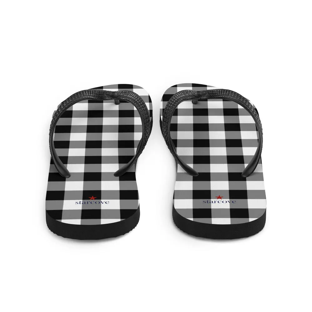 Buffalo Plaid Flip Flops, Black White Check Comfortable Footwear Thong Sandals Summer Woman Men Beach Print Rubber Shoes