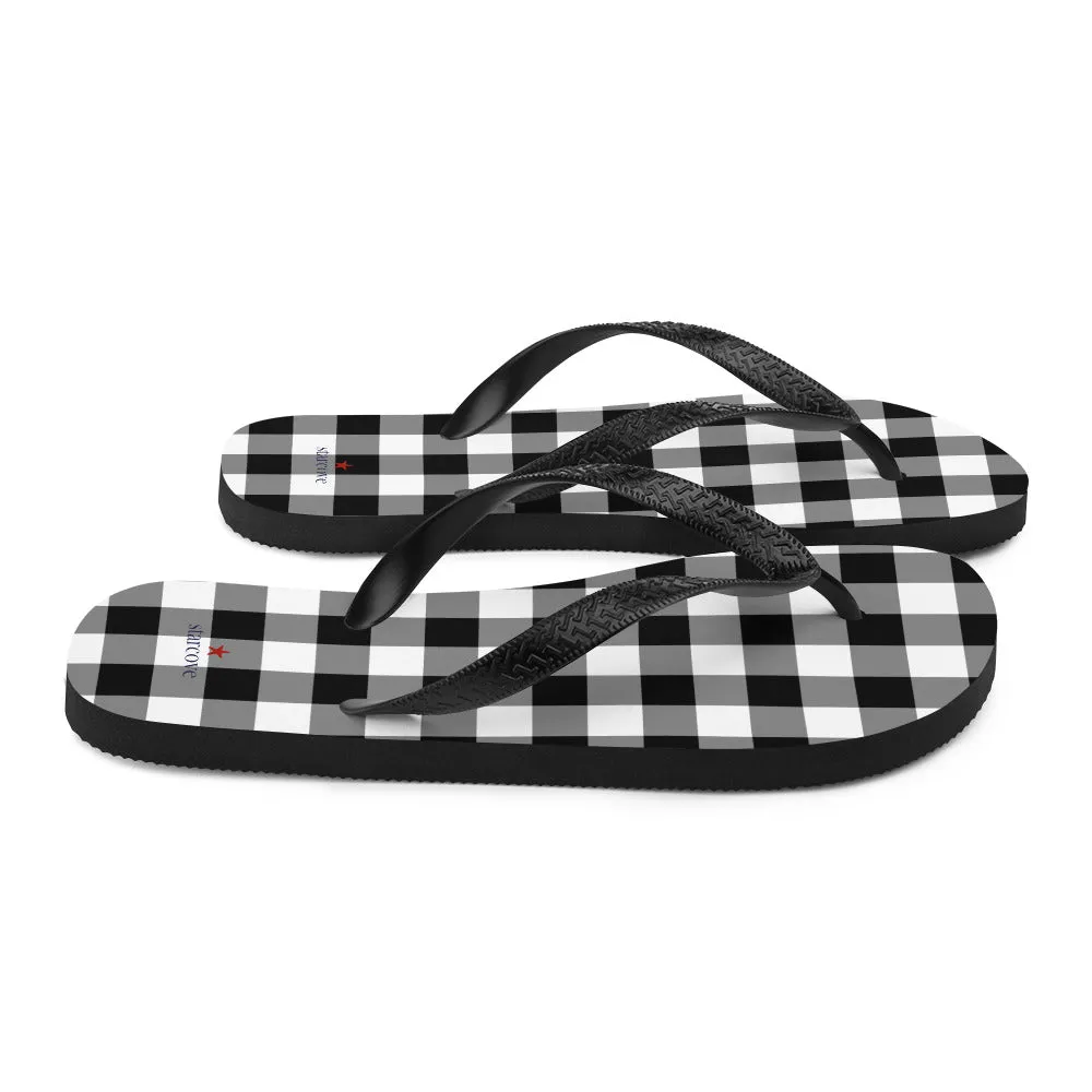 Buffalo Plaid Flip Flops, Black White Check Comfortable Footwear Thong Sandals Summer Woman Men Beach Print Rubber Shoes