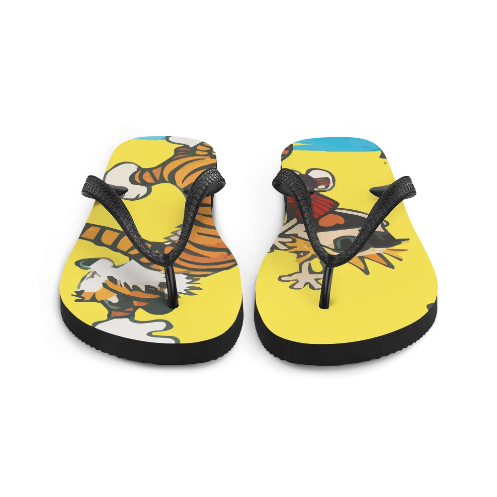 Calvin and Hobbes Dancing with Record Player Flip-Flops