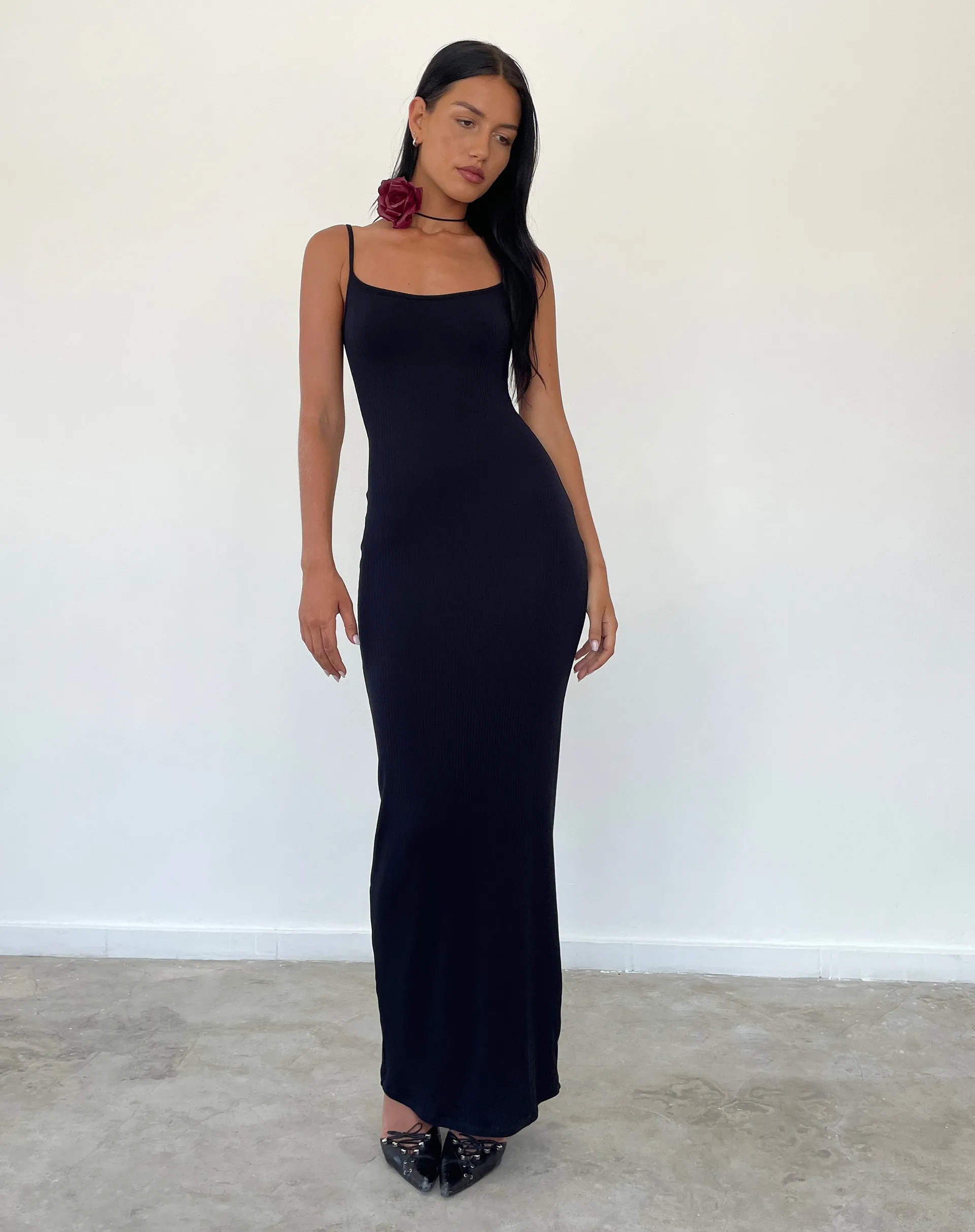 Cantha Strappy Maxi Dress in Black Rib