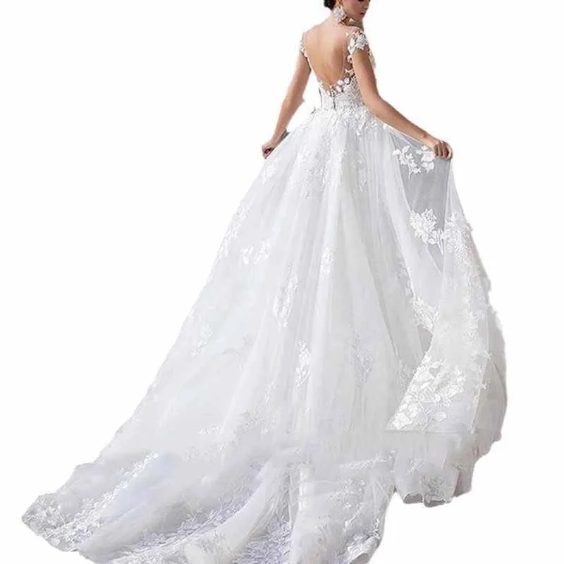 Cap Sleeves Floral lace Aline Women Bridal Ball Gown with Train Wedding Dress