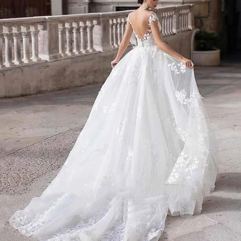 Cap Sleeves Floral lace Aline Women Bridal Ball Gown with Train Wedding Dress