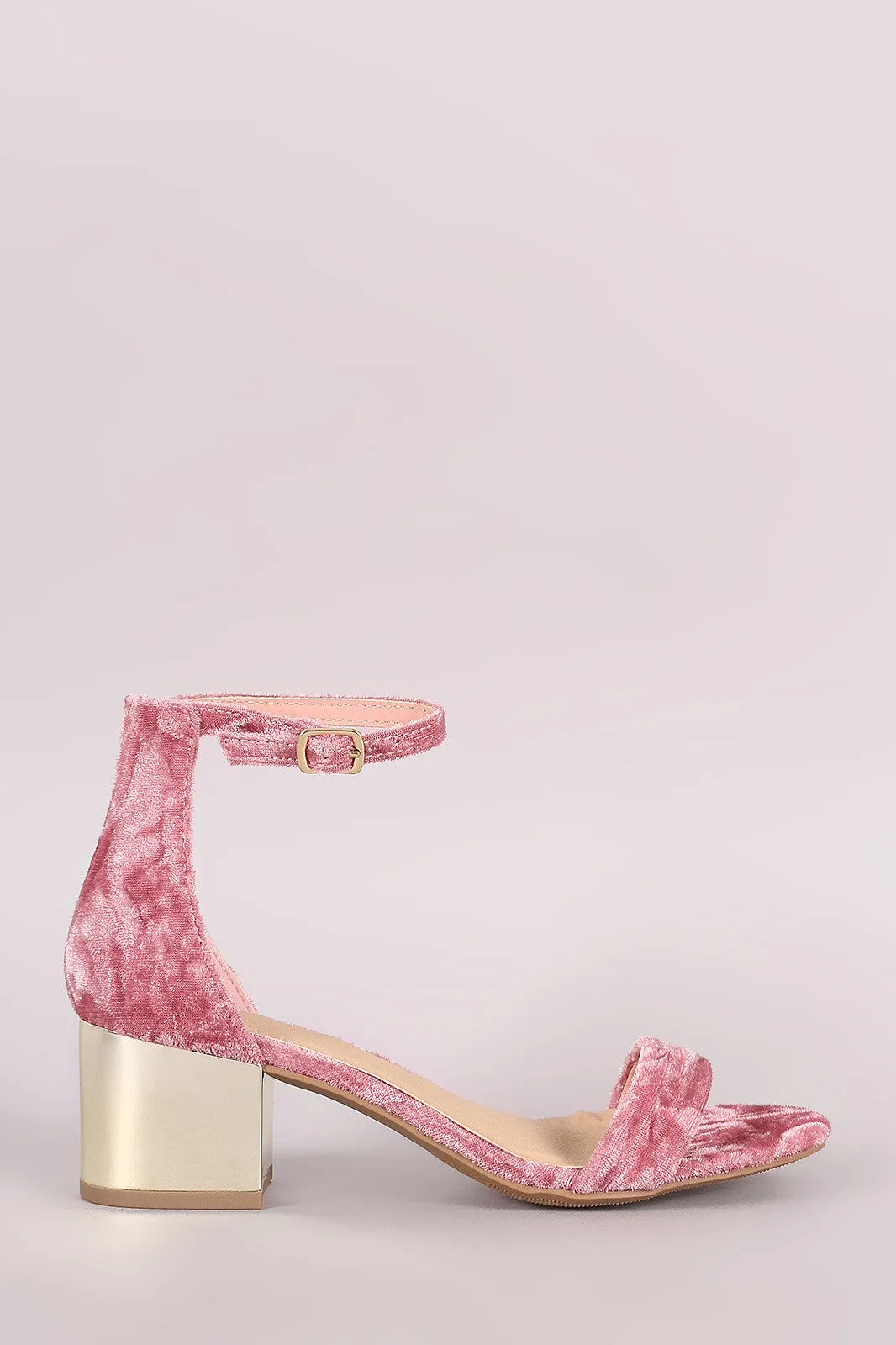 City Classified Crushed Velvet Ankle Strap Metallic Block Heel