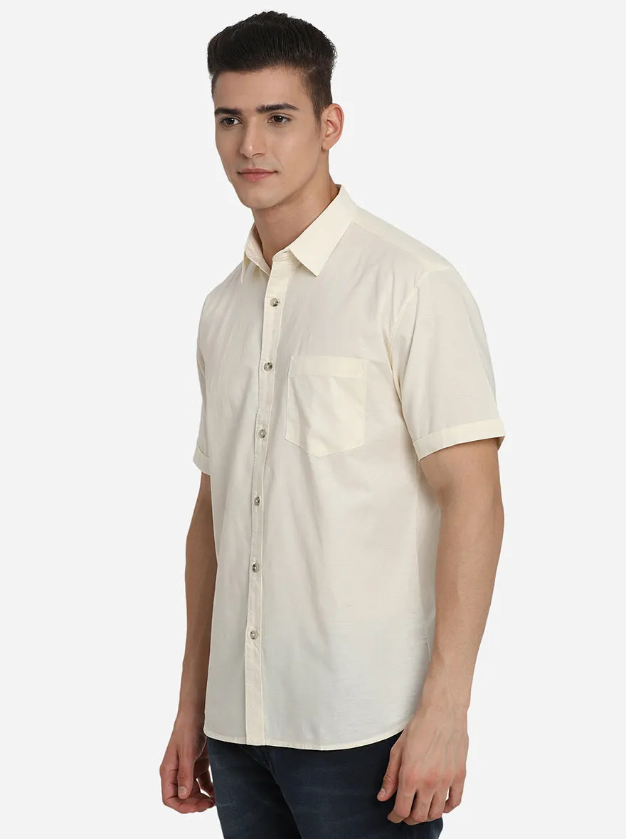 Cloud Cream Solid Slim Fit Semi Casual Shirt | Greenfibre