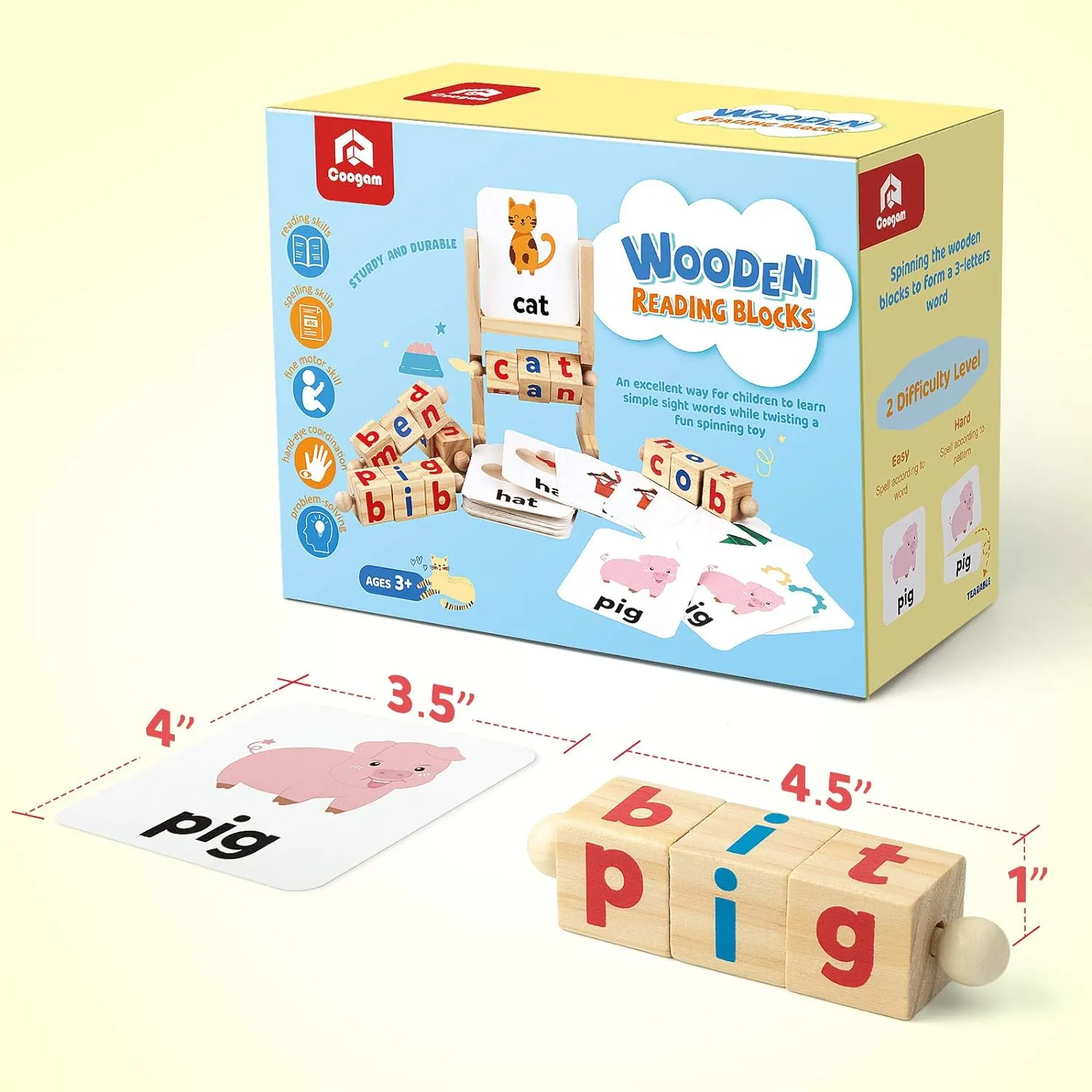 Coogam Wood Reading Blocks Spinning Alphabet Learning Toy