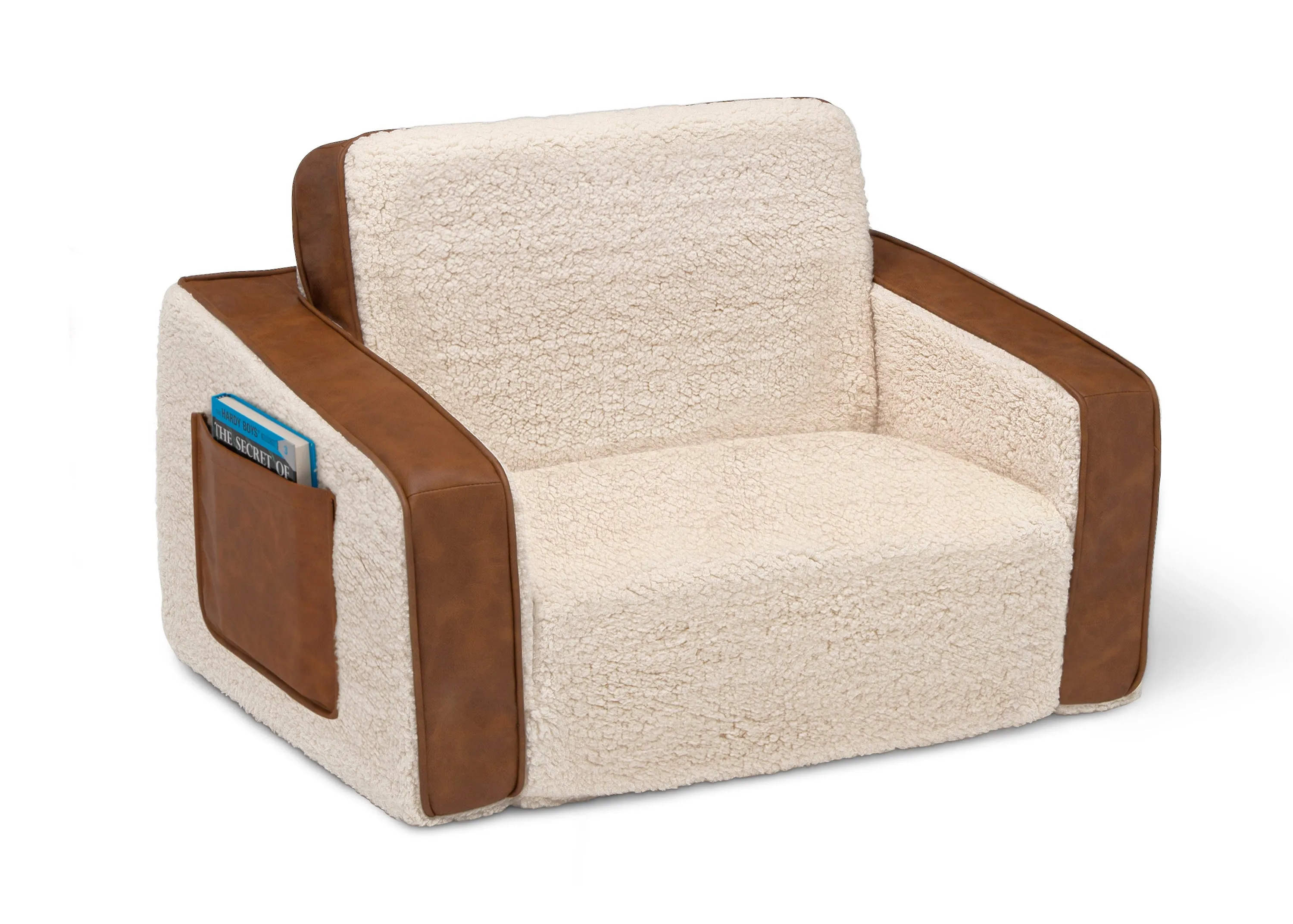 Cozee Flip-Out Sherpa and Leather 2-in-1 Convertible Chair to Lounger for Kids