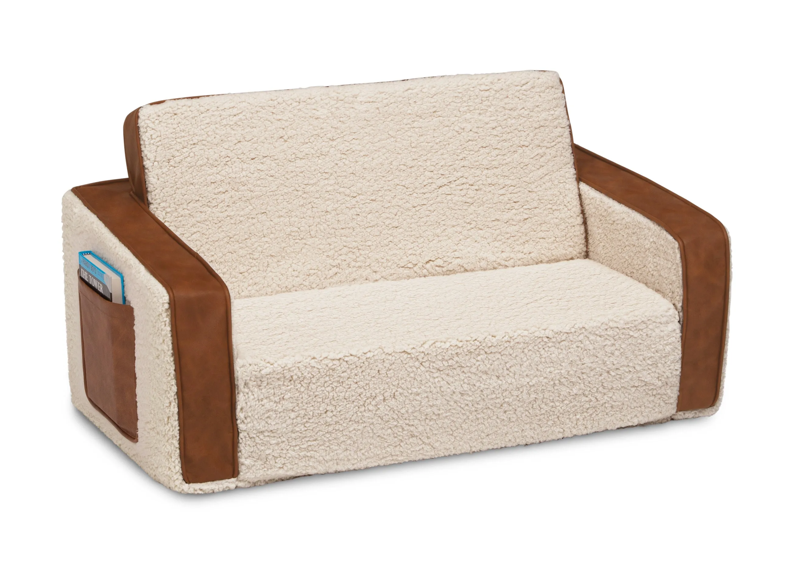 Cozee Flip-Out Sherpa and Leather 2-in-1 Convertible Sofa to Lounger for Kids