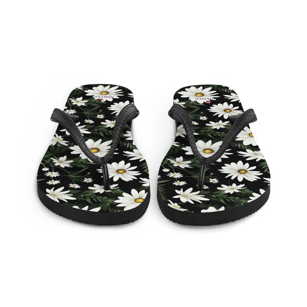 Daisy Flip Flops, White Floral Flowers Comfortable Thong Sandals Summer Woman Men Beach Print Rubber Slip On Shoes