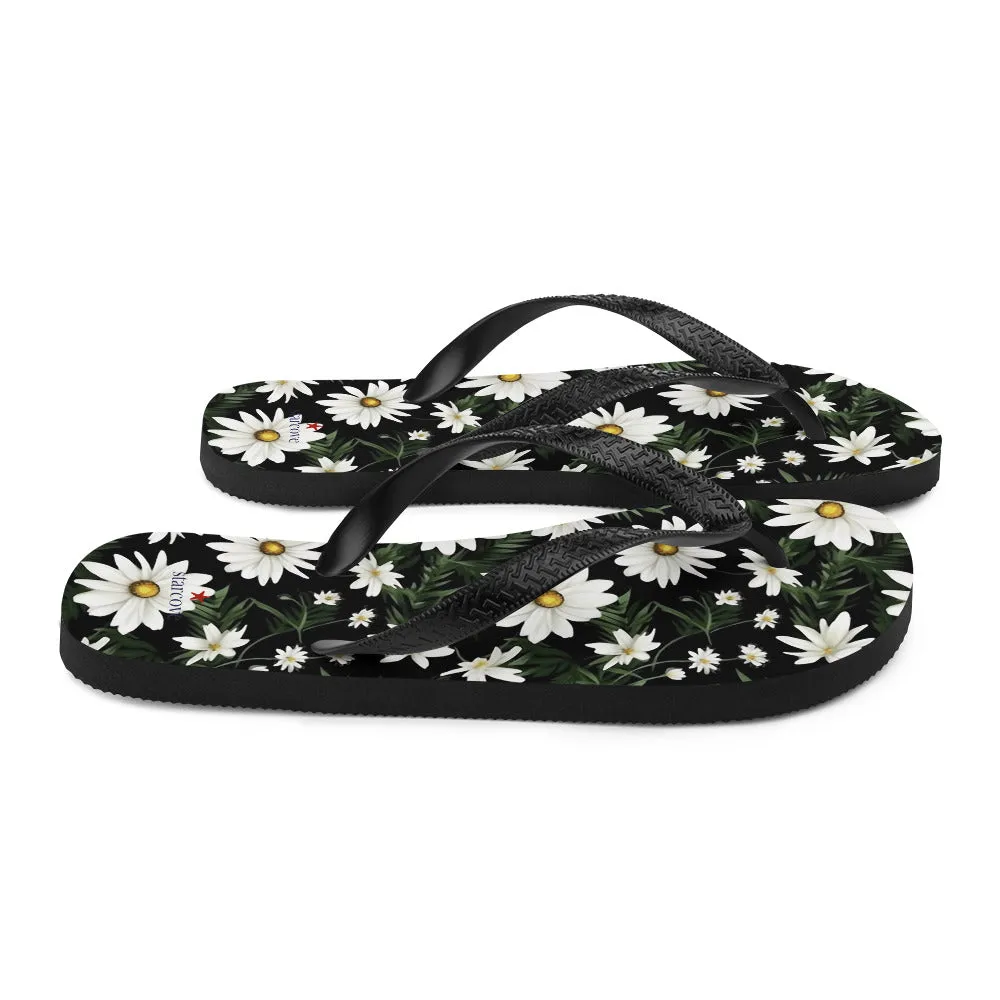 Daisy Flip Flops, White Floral Flowers Comfortable Thong Sandals Summer Woman Men Beach Print Rubber Slip On Shoes