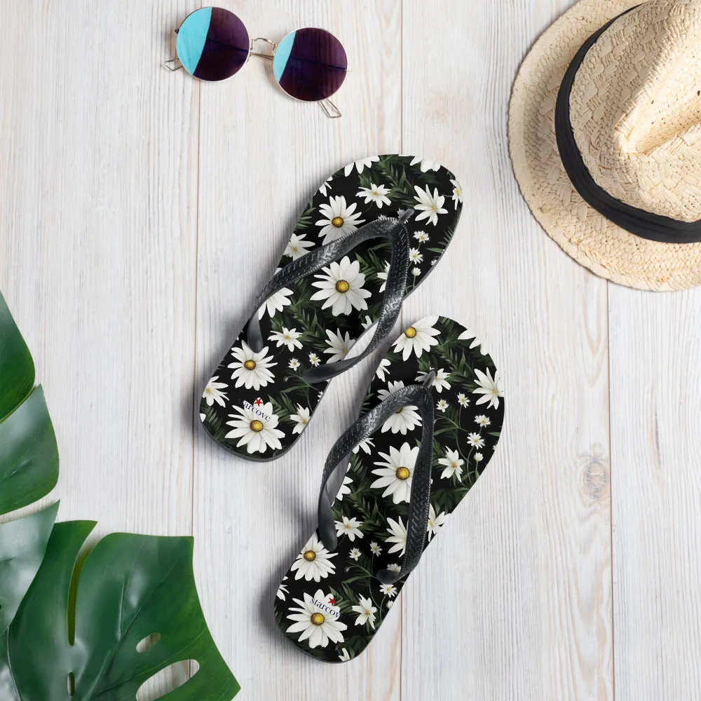 Daisy Flip Flops, White Floral Flowers Comfortable Thong Sandals Summer Woman Men Beach Print Rubber Slip On Shoes