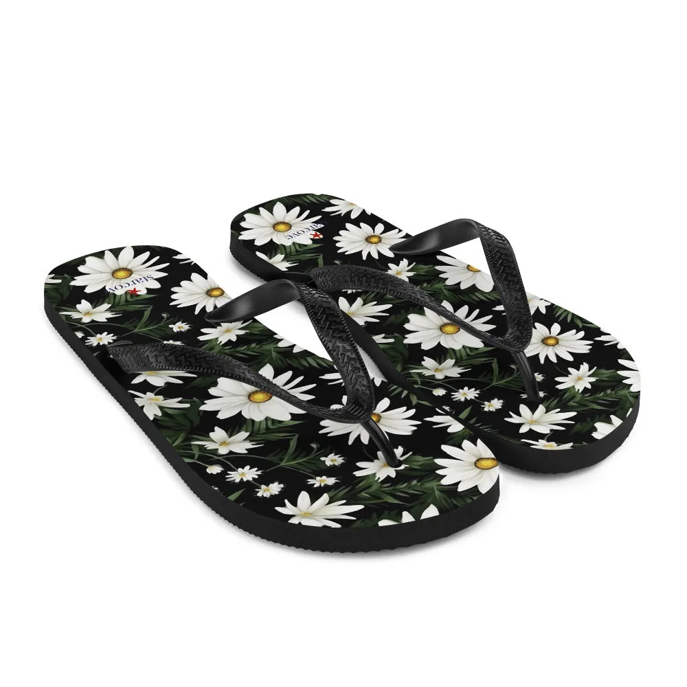 Daisy Flip Flops, White Floral Flowers Comfortable Thong Sandals Summer Woman Men Beach Print Rubber Slip On Shoes