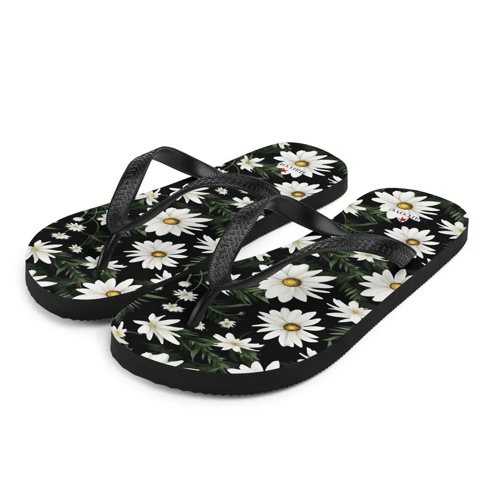 Daisy Flip Flops, White Floral Flowers Comfortable Thong Sandals Summer Woman Men Beach Print Rubber Slip On Shoes