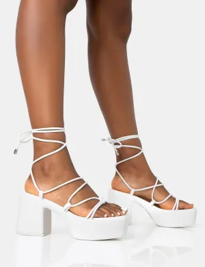 Darcy Ecru Pu Strappy Lace Up Square Toe Mid Flatform Heels