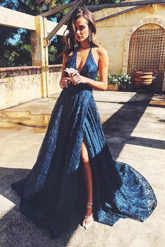 Dark Blue Lace Long Prom Dress,Formal Dresses V-neck Backless Evening Dress