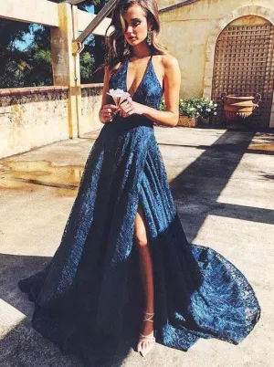 Dark Blue Lace Long Prom Dress,Formal Dresses V-neck Backless Evening Dress