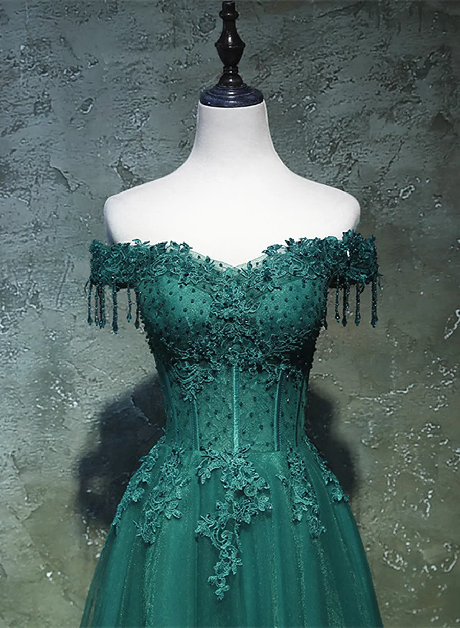 Dark Green A-line Beaded Long Party Dress, Sweetheart Tulle Green Prom Dress