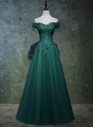 Dark Green A-line Beaded Long Party Dress, Sweetheart Tulle Green Prom Dress