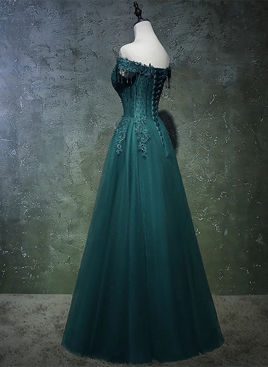 Dark Green A-line Beaded Long Party Dress, Sweetheart Tulle Green Prom Dress