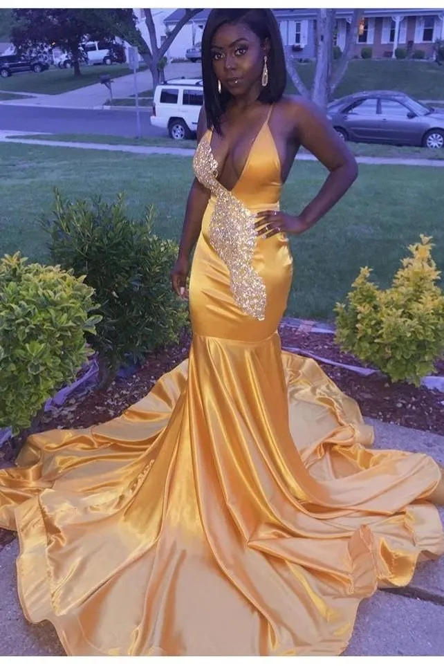 Deep V-neckline Yellow Prom Dresses Beads Bodice,Sexy Party Gown