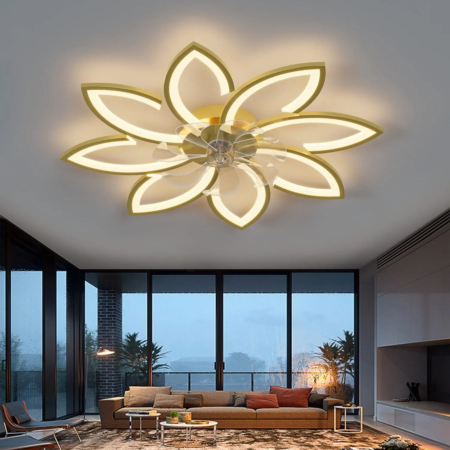 Dimmable Ceiling Light Fan, Low Profile, 6 Speed, 3 Color, Remote, 90cm, Gold