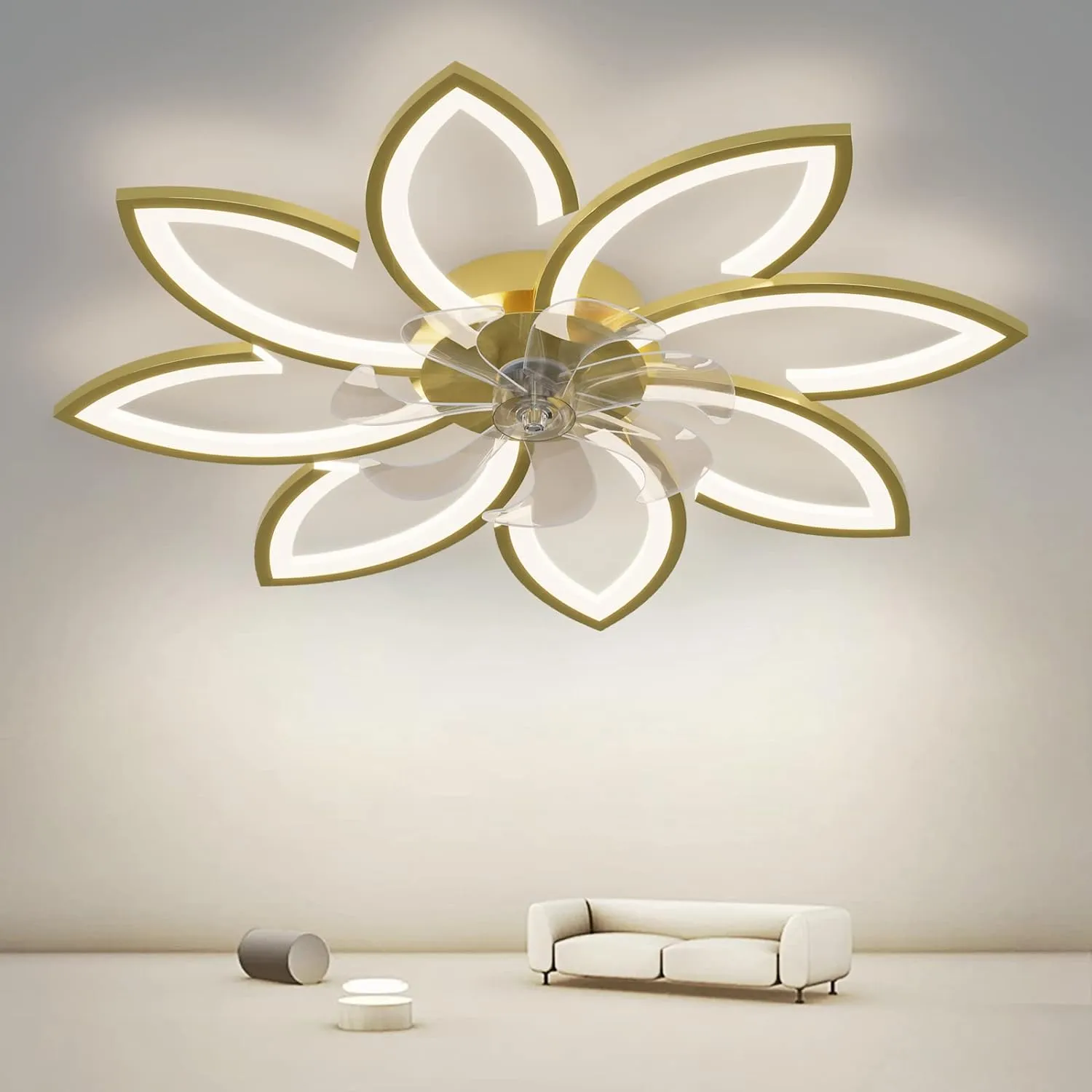 Dimmable Ceiling Light Fan, Low Profile, 6 Speed, 3 Color, Remote, 90cm, Gold