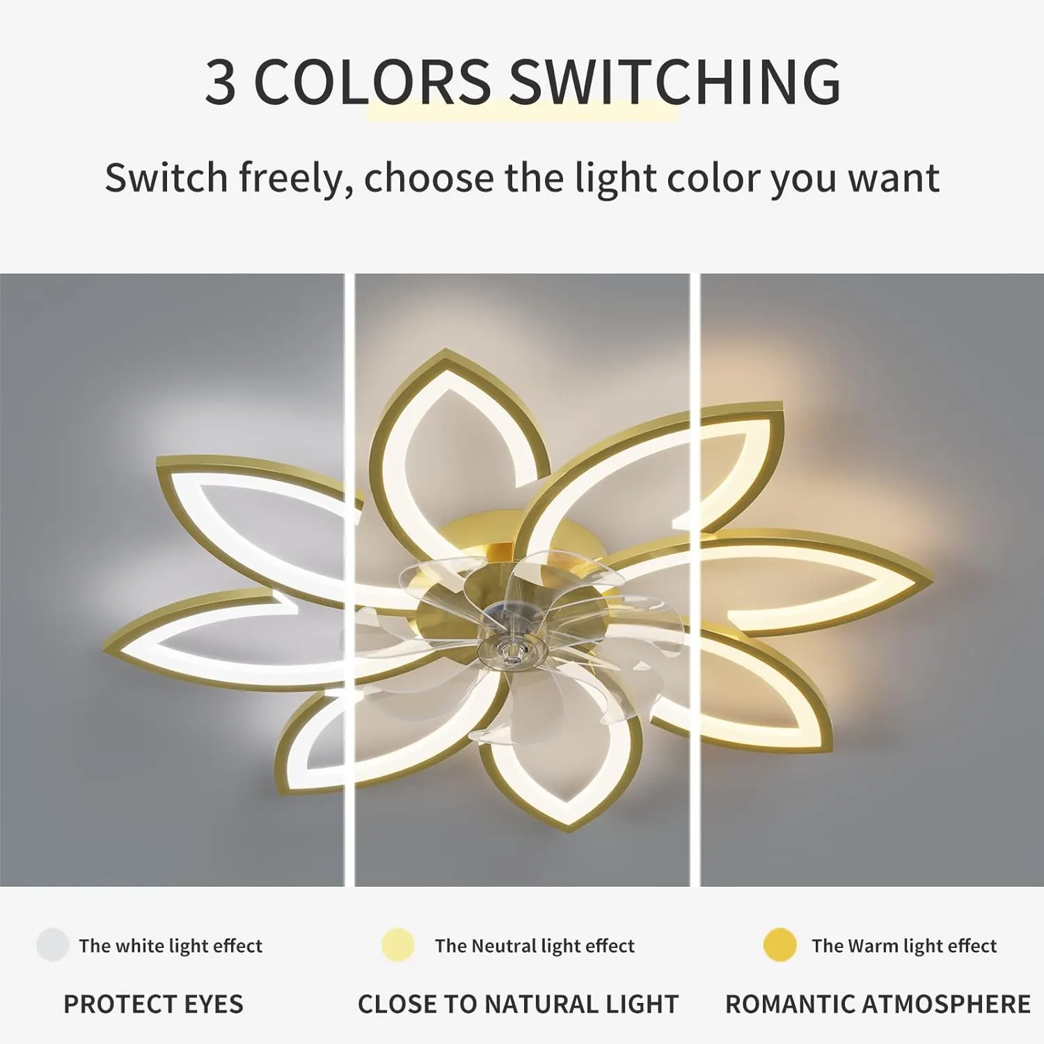 Dimmable Ceiling Light Fan, Low Profile, 6 Speed, 3 Color, Remote, 90cm, Gold