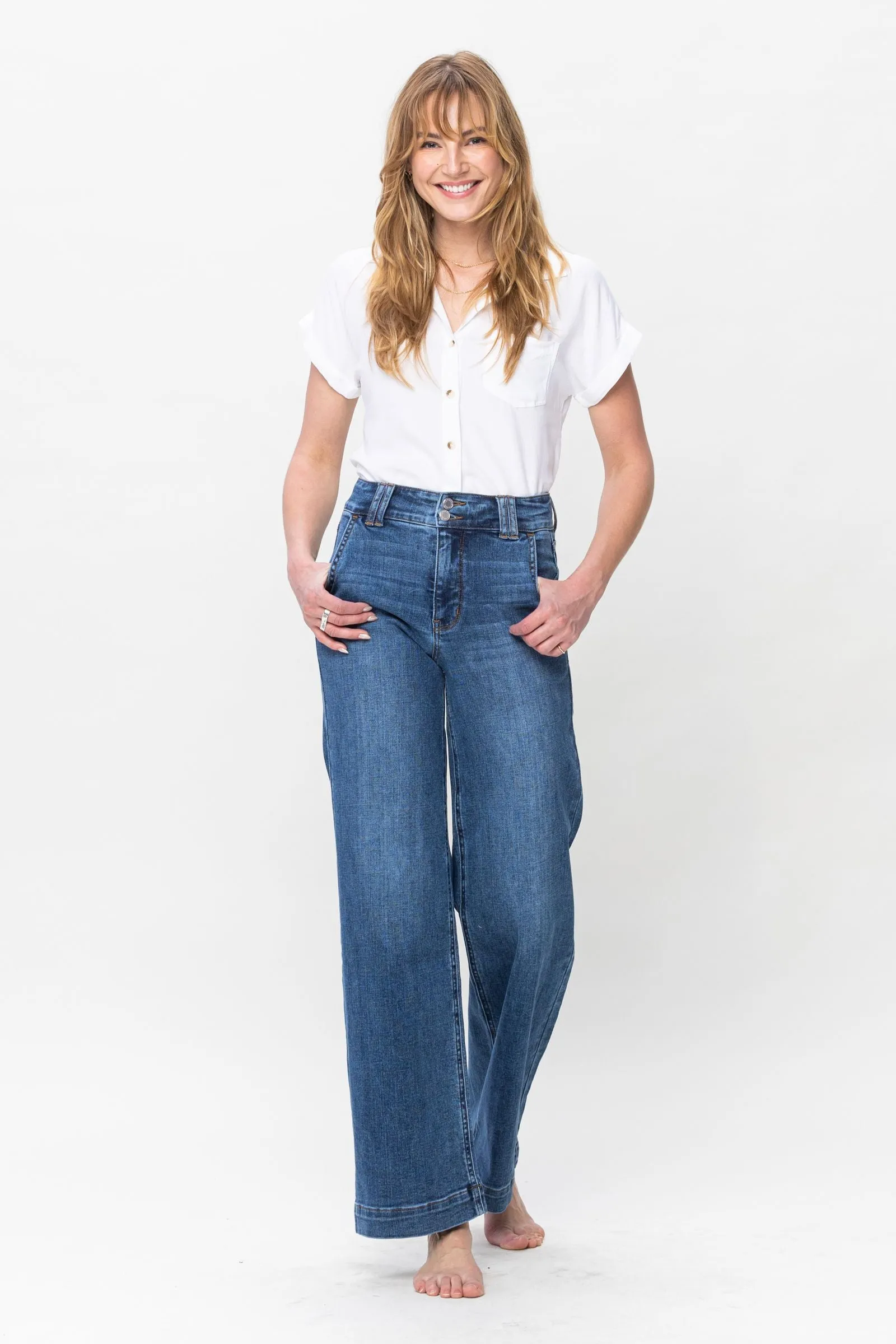 Double Button High Rise Wide Leg Jeans