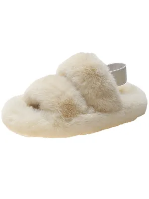 Double Strap Fluffy Slippers With Elasticated Band -Beige