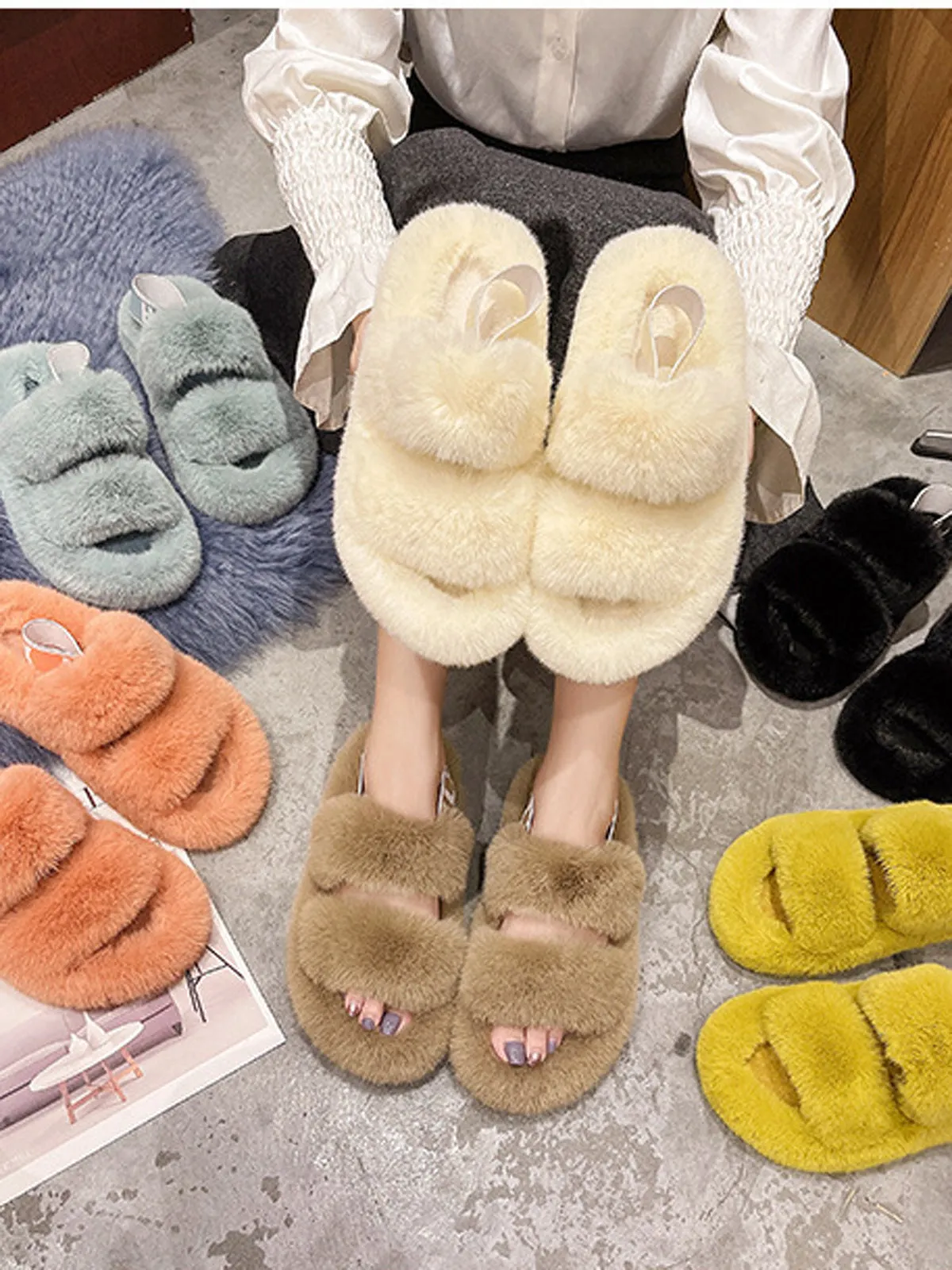 Double Strap Fluffy Slippers With Elasticated Band -Beige