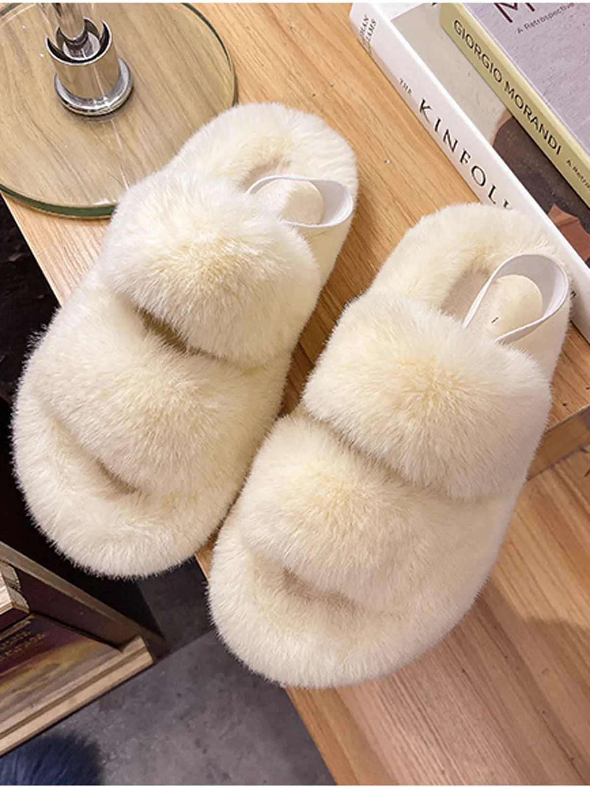 Double Strap Fluffy Slippers With Elasticated Band -Beige