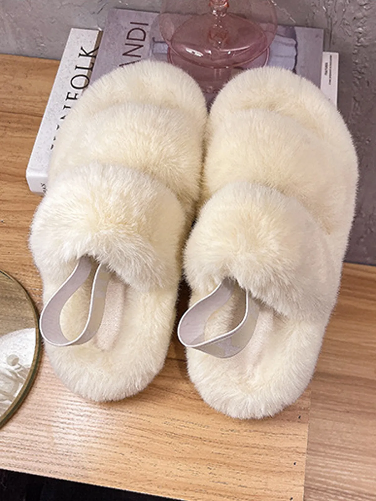 Double Strap Fluffy Slippers With Elasticated Band -Beige