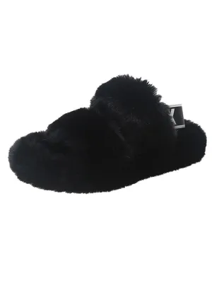 Double Strap Fluffy Slippers With Elasticated Band -Black