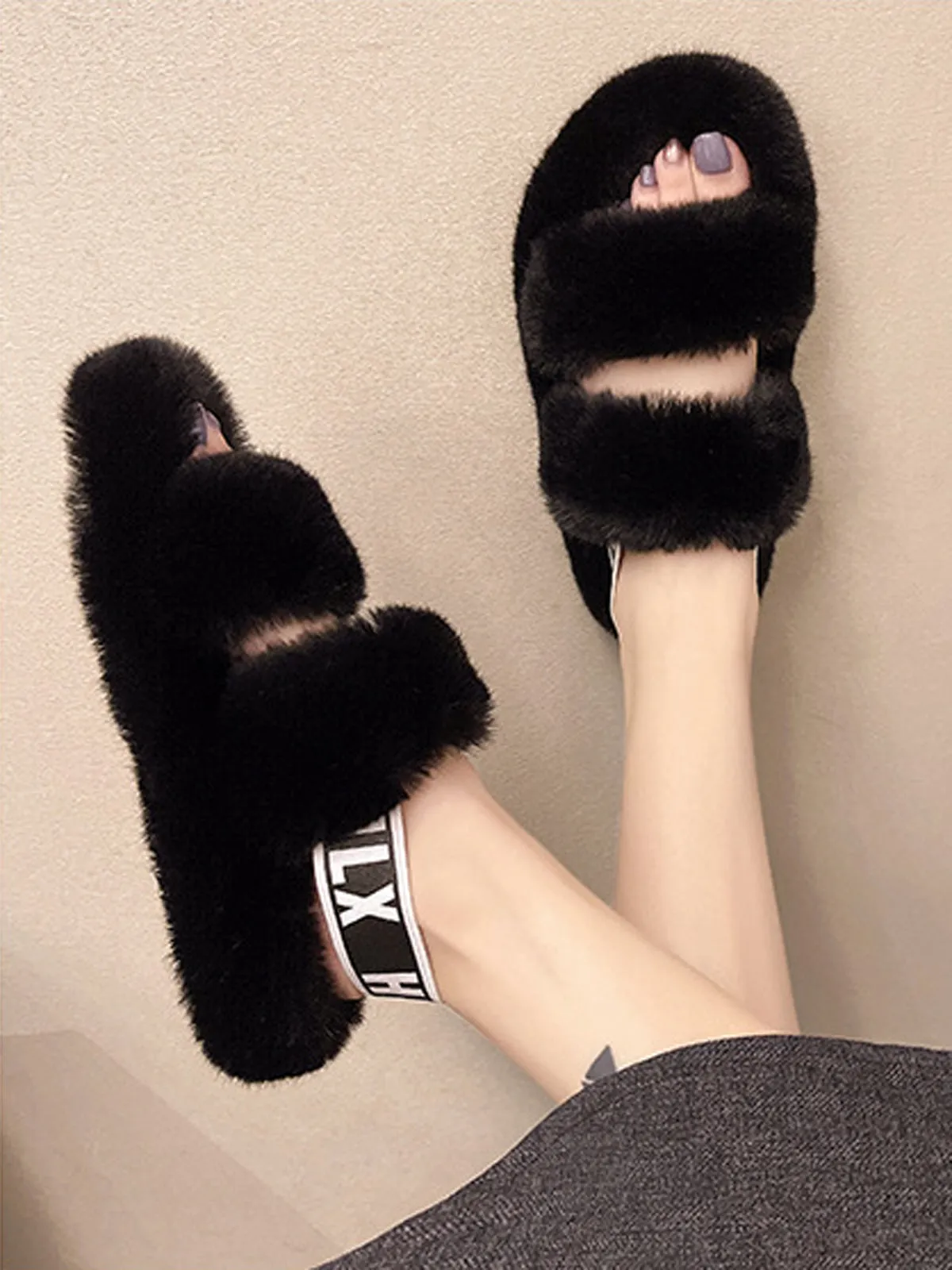 Double Strap Fluffy Slippers With Elasticated Band -Black