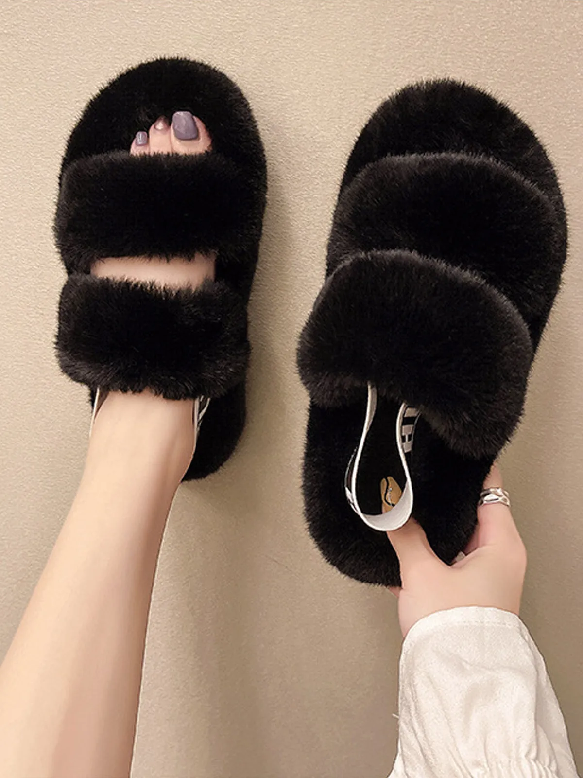 Double Strap Fluffy Slippers With Elasticated Band -Black