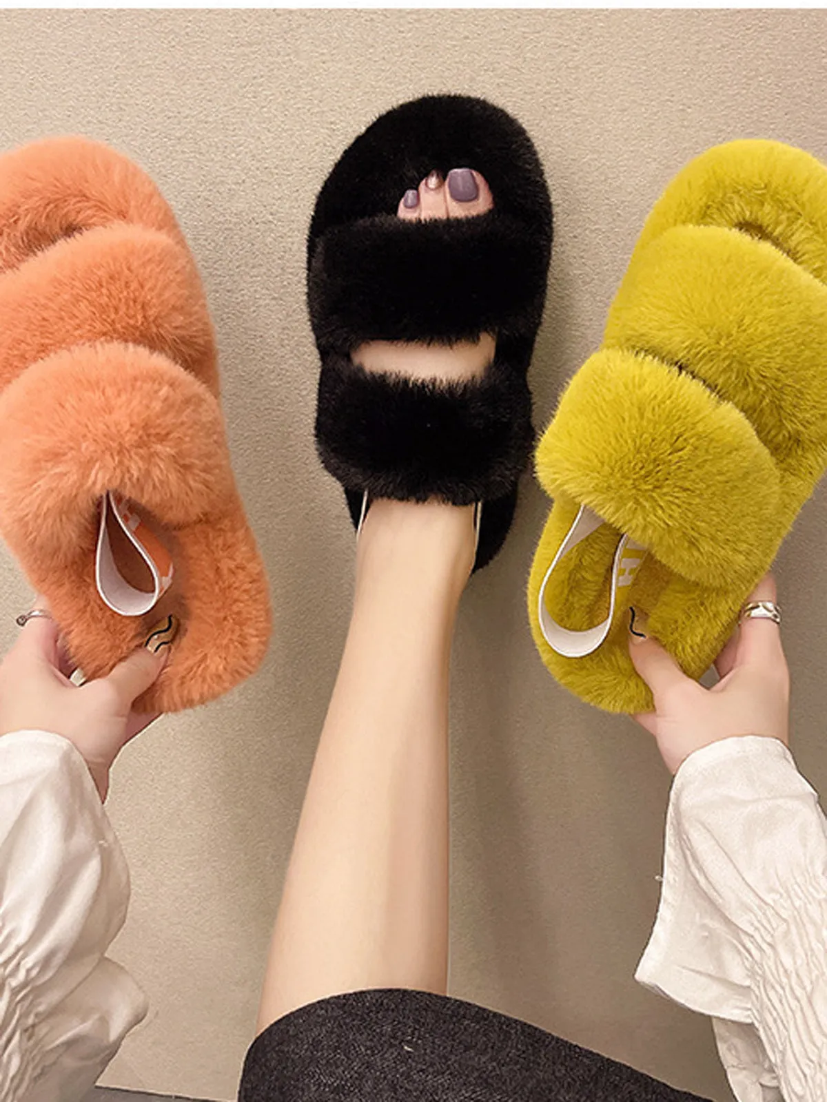 Double Strap Fluffy Slippers With Elasticated Band -Black