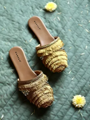 Dusky Gold Fringe Mules