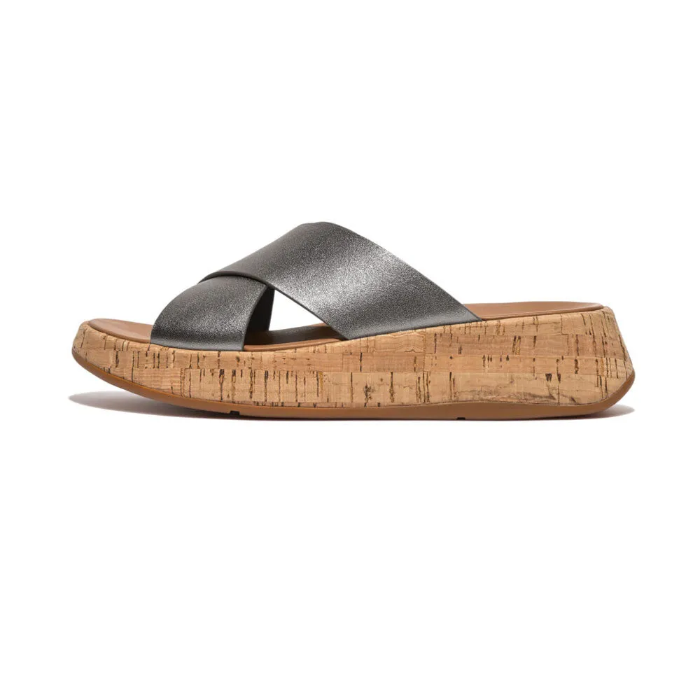 FitFlop F-Mode Leather Flatform Cross Slide Sandals - Classic Pewter Mix