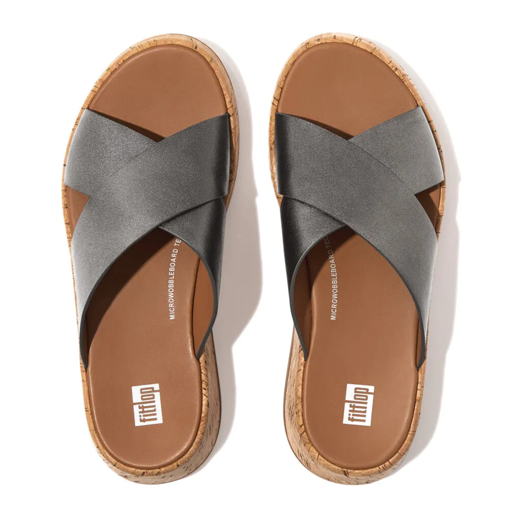 FitFlop F-Mode Leather Flatform Cross Slide Sandals - Classic Pewter Mix