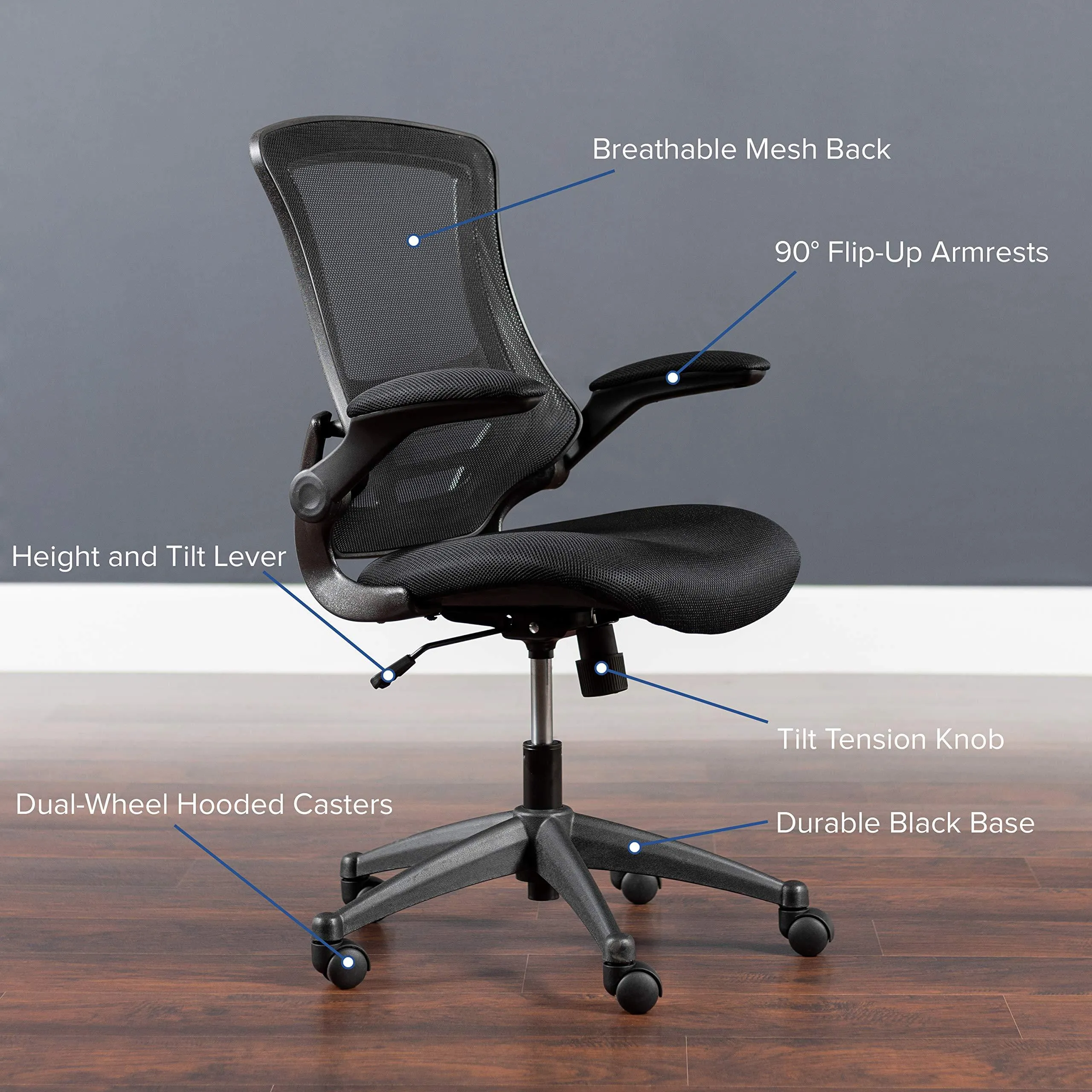 Flash Furniture Mid-Back Black Mesh Swivel Task Chair with Flip-Up Arms