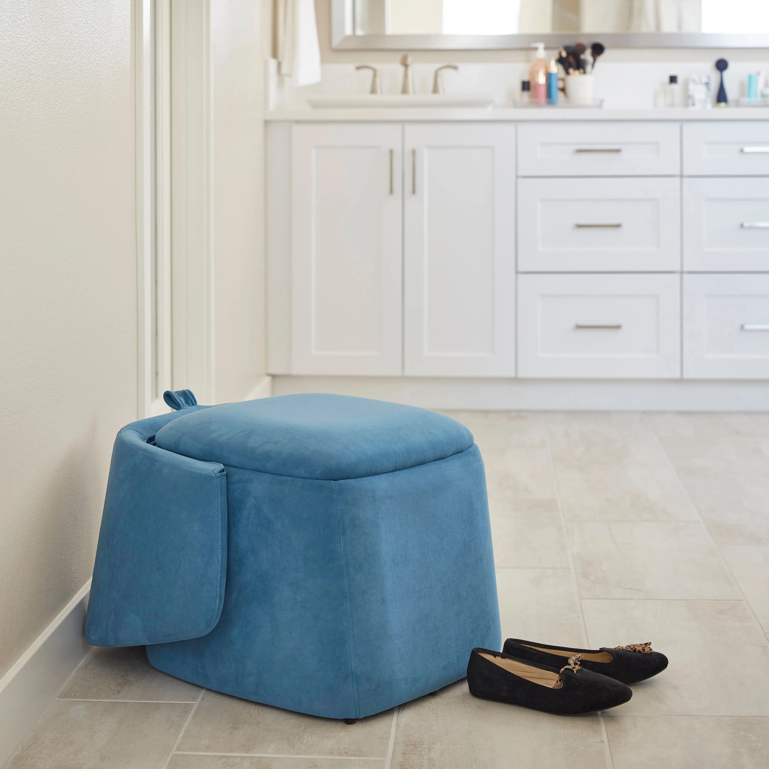 Flip-Back Vanity Stool, Upholstered Ultrasuede Chair with Adjustable Back, Ottoman with Storage