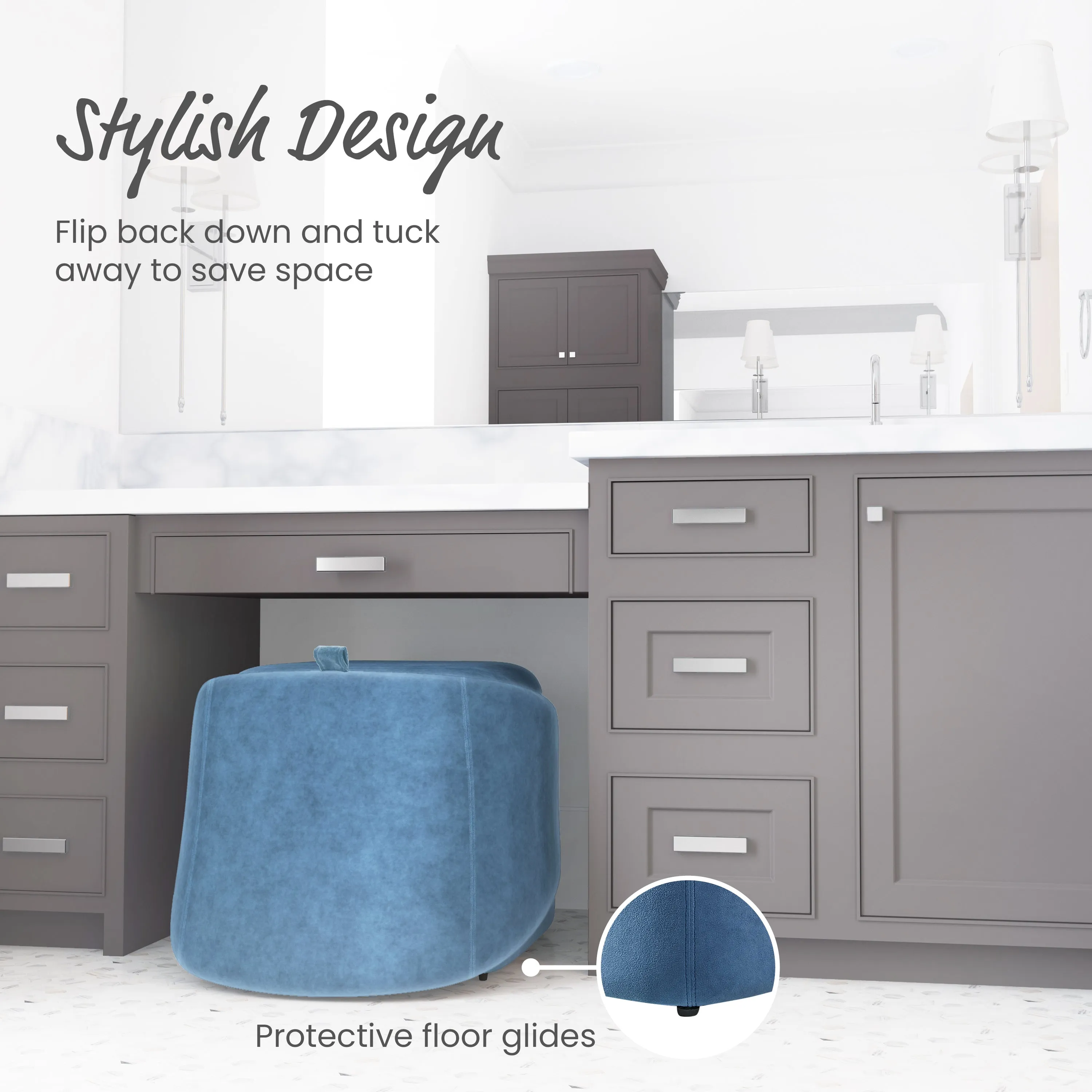 Flip-Back Vanity Stool, Upholstered Ultrasuede Chair with Adjustable Back, Ottoman with Storage