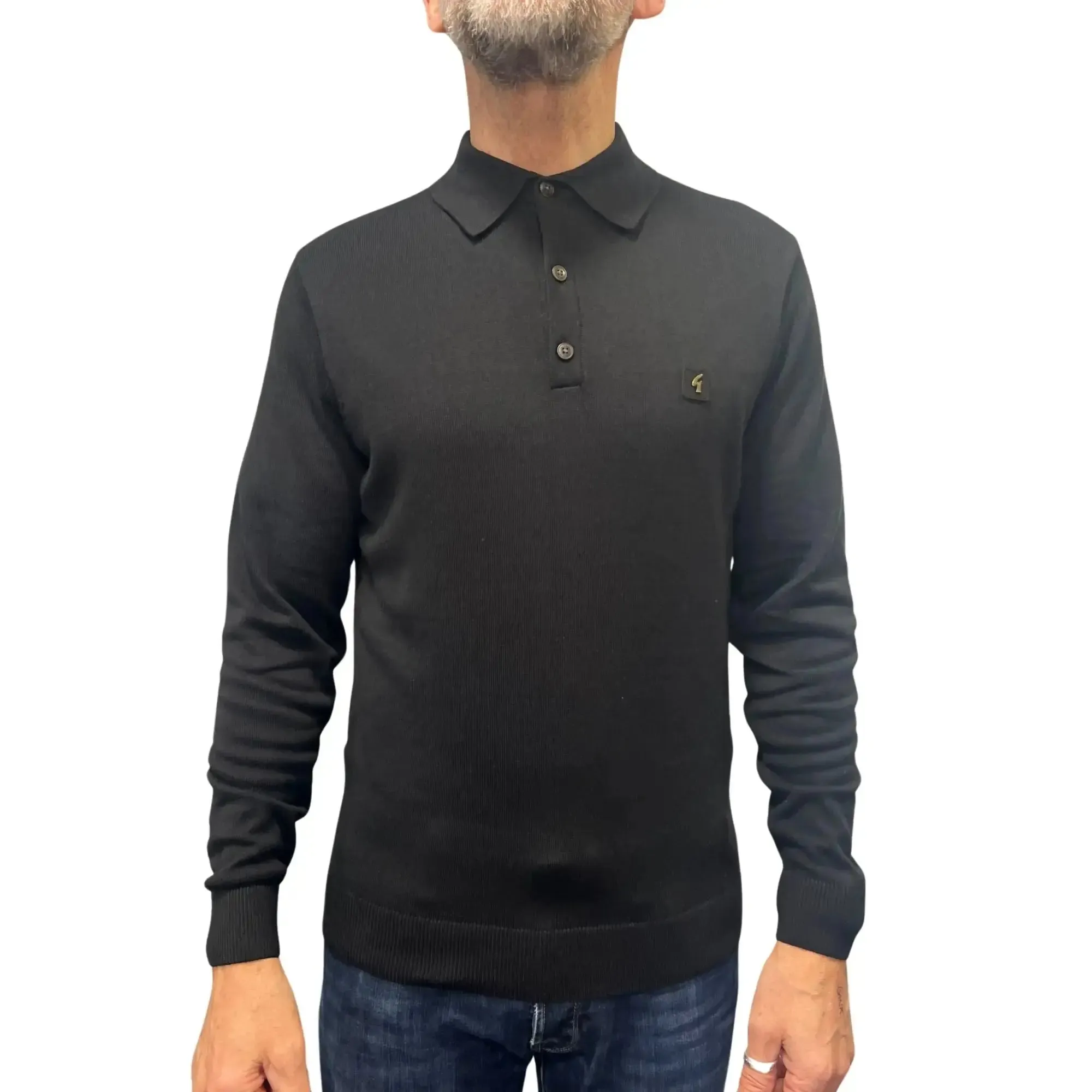 Francesco Black Long-Sleeved Knitted Polo Shirt