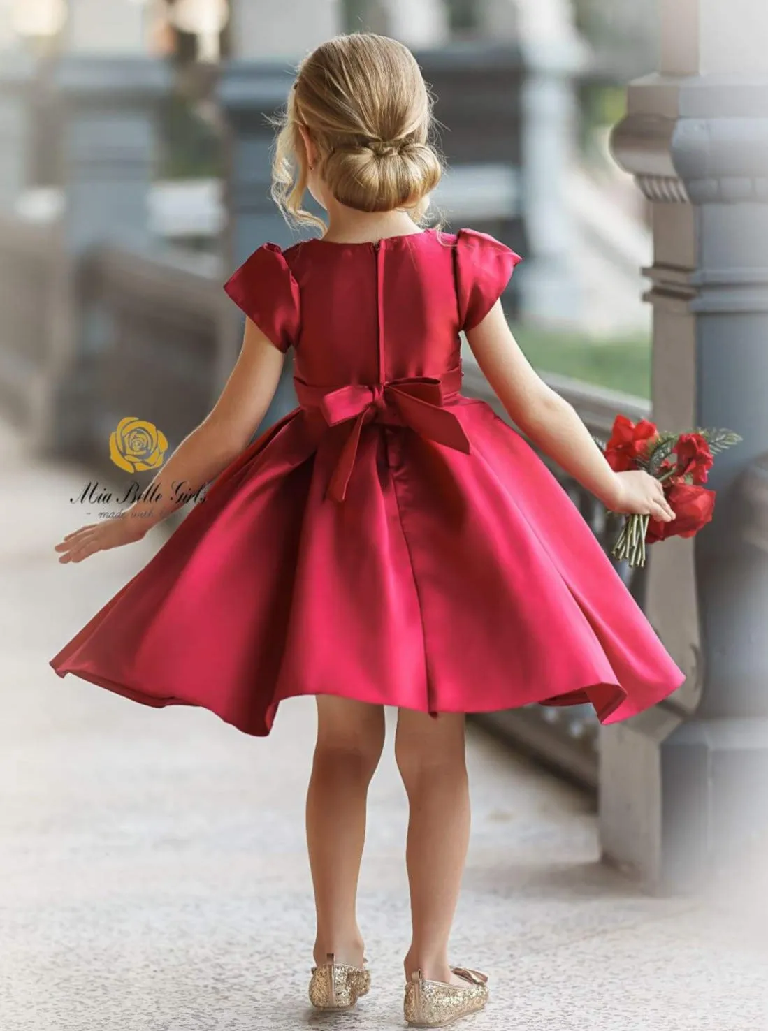 Girls Red Satin Floral Applique Holiday Princess Dress