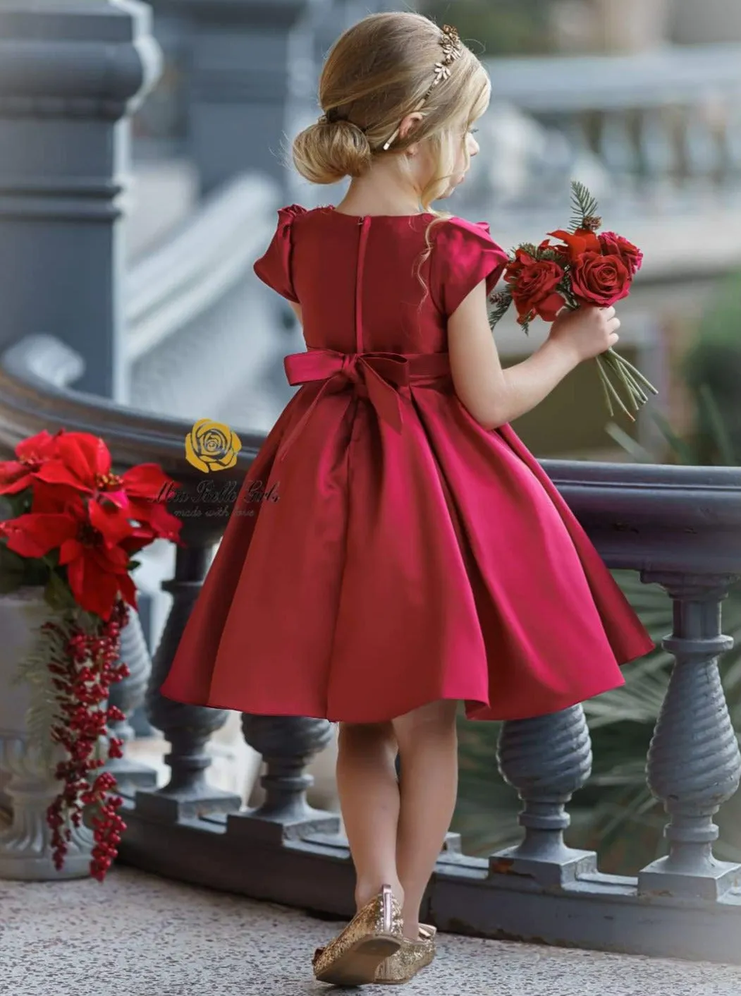 Girls Red Satin Floral Applique Holiday Princess Dress