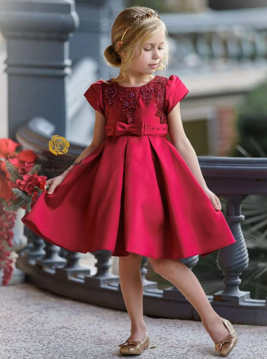 Girls Red Satin Floral Applique Holiday Princess Dress