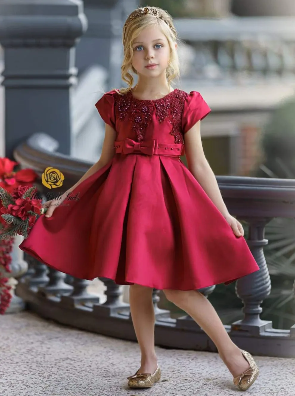 Girls Red Satin Floral Applique Holiday Princess Dress