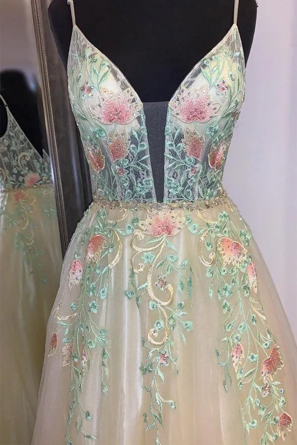 Gorgeous Straps A-Line Floral Embroidered Long Prom/Formal Dress PSK195