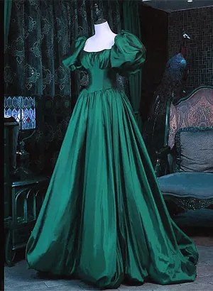 Green Scoop Short Sleeves Taffeta Long Party Dress, Green Long Evening Dress Prom Dress