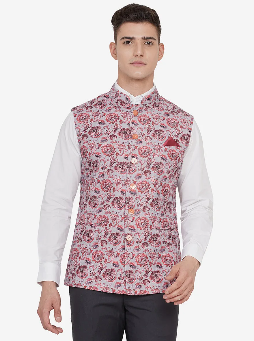 Grey & Red Printed Regular Fit Bandhgala Jacket | JB Studio