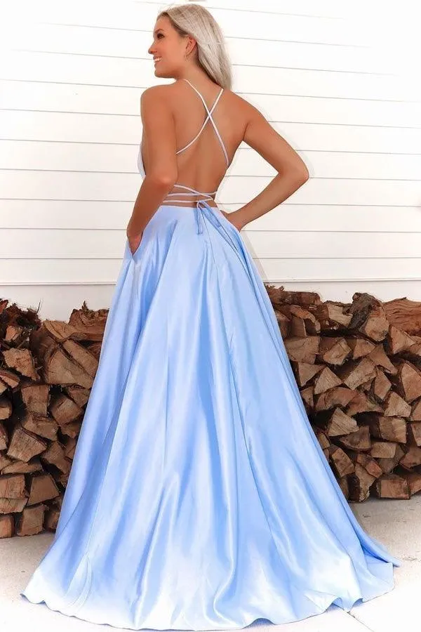 High Slit Spaghetti straps Royal Blue Long Prom/Evening Dresses  PG750